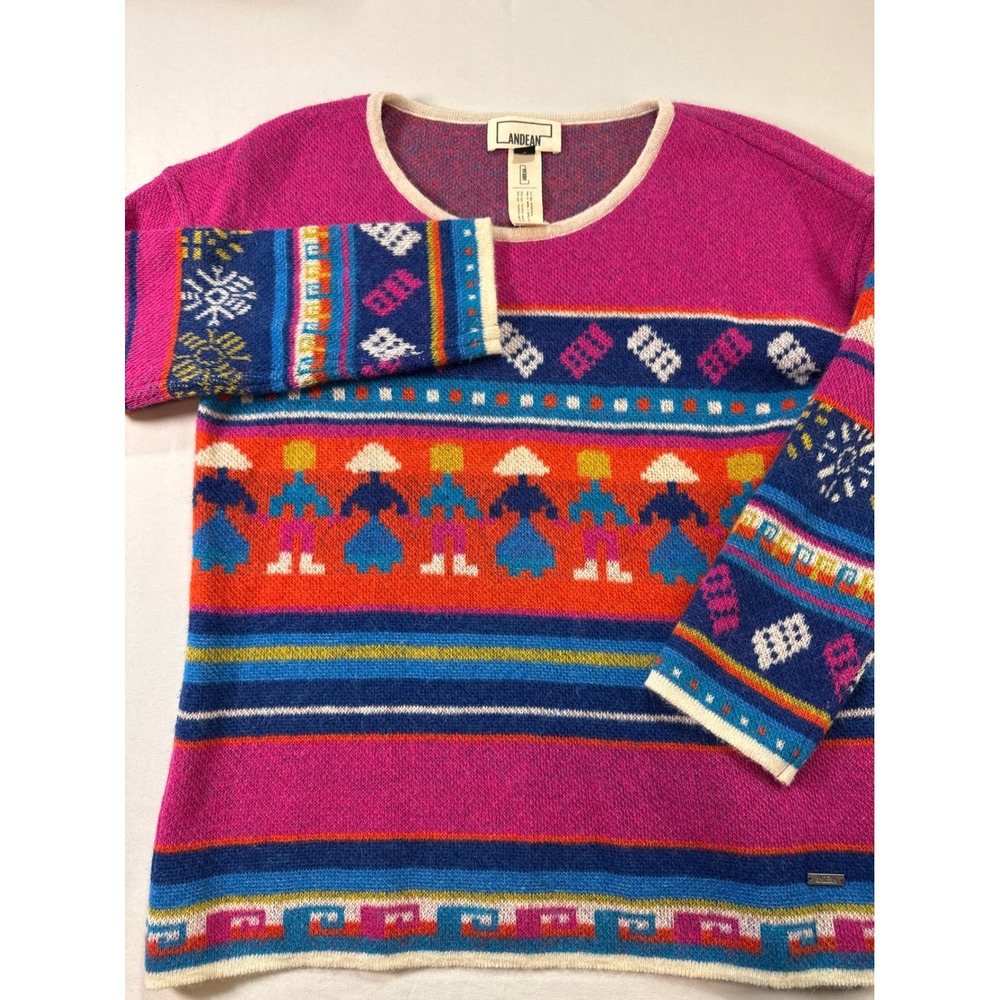 Andean Baby Alpaca Wool Pink Intarsia Peruvian Motif Sweater Womens Small